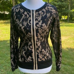 COLLEEN LOPEZ NEW JACKET BLACK FLORAL LACE TAN ZIP FRONT NWT SIZE S